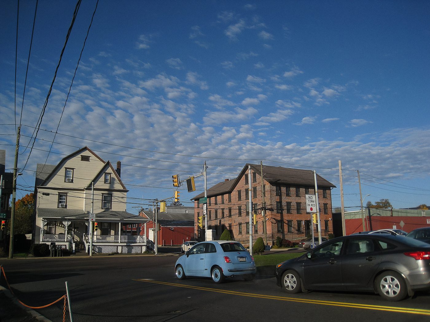 South Hellertown Avenue at Front Street. Porch-front houses, a shared wall or two, and the kind of upper-Bucks price that keeps a first purchase inside the FHA limit.