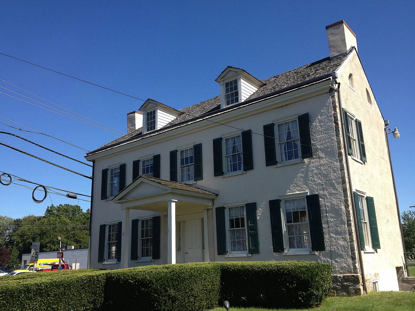 Craven Hall in Warminster Township, stone with green shutters. Warminster is mostly post-war ranches and splits now; this is what was here before them.